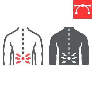 Sırt ağrısı çizgisi ve sembol, omurga ağrısı ve insan sırtı, sırt ağrısı vektör ikonu, vektör grafikleri, düzenlenebilir çizgi işareti, 10 birim.