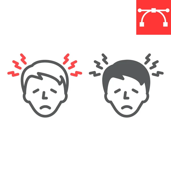 Ligne de céphalée et icône de glyphe, stress et migraine, icône vectorielle de douleur à la tête, graphiques vectoriels, signe modifiable de contour d'AVC, eps 10. — Image vectorielle