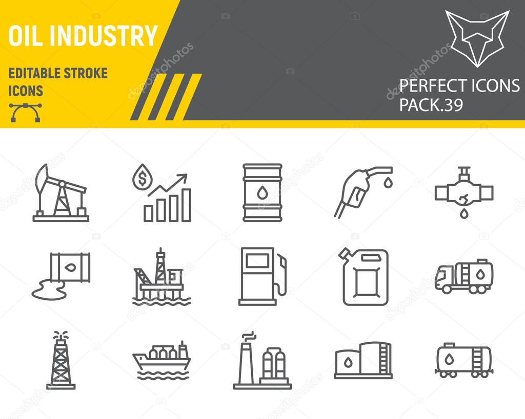 Oil industry line icon set, fuel production collection, vector graphics, logo illustrations, oil industry vector icons, petroleum signs, outline pictograms, editable stroke