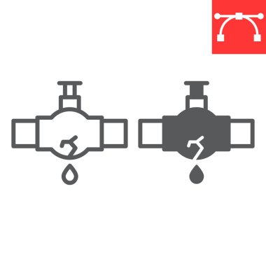 Patlayan yağ boru hattı ve sembol, su sızıntısı ve yağ endüstrisi, patlamış boru vektör ikonu, vektör grafikleri, düzenlenebilir çizgi işareti, 10.