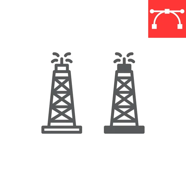 石油钻机线和字形图标，燃料塔和钻机，石油井架矢量图标，矢量图形，可编辑笔划轮廓符号，头10. — 图库矢量图片