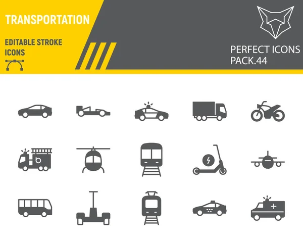 Conjunto Iconos Glifo Transporte Colección Transporte Gráficos Vectoriales Ilustraciones Logotipos — Vector de stock