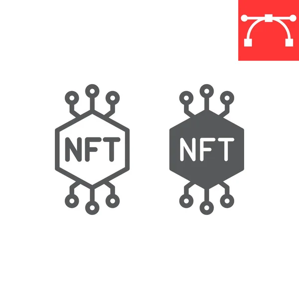 NFT çizgisi ve glyph simgesi, jeton ve engelleme zinciri, ödenemeyen sembolik vektör simgesi, vektör grafikleri, düzenlenebilir çizgi işareti, 10 PS