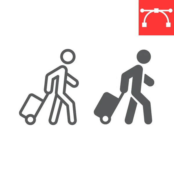 拉行李线和字形图标的人，移民和游客，带滚动袋矢量图标的乘客，矢量图形，可编辑笔划轮廓符号，头10. — 图库矢量图片
