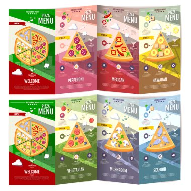 Düz stil pizza menü tasarımı. Belge şablonu. Kurumsal kimlik