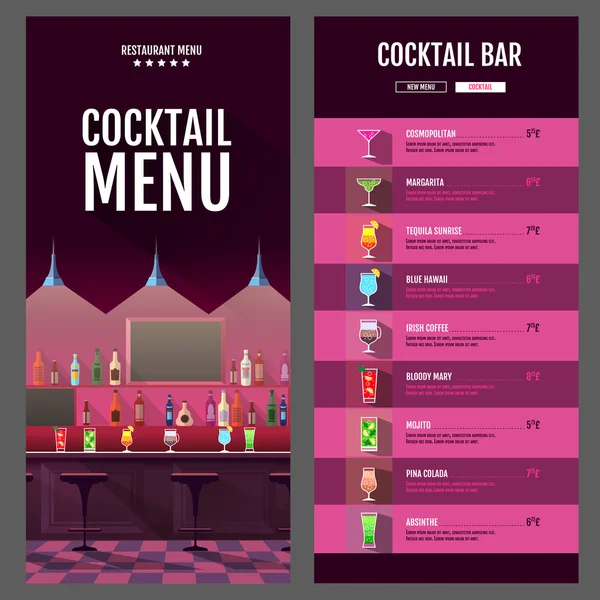 Diseño de menú de cóctel de estilo plano con interior de bar — Vector de stock