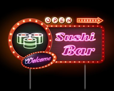 Suşi bar neon tabela. Vektör çizim