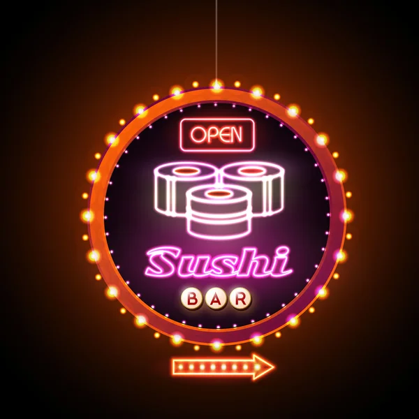 Sushi bar sinal de néon. Ilustração vetorial — Vetor de Stock