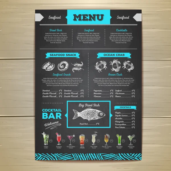 Vintage chalk drawing seafood menu design. — Stock Vector
