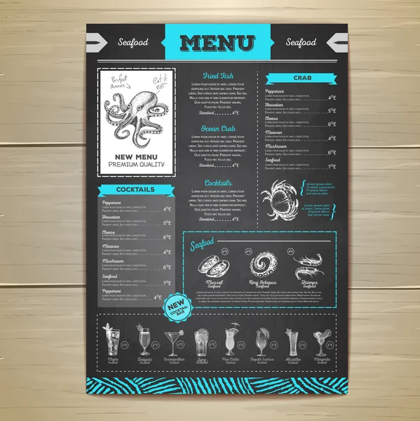 Vintage chalk drawing seafood menu design. — Stock Vector