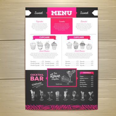 Vintage tebeşir çizim tatlı menü tasarımı. Tatlı kek