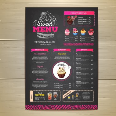 Vintage tebeşir çizim tatlı menü tasarımı. Tatlı kek
