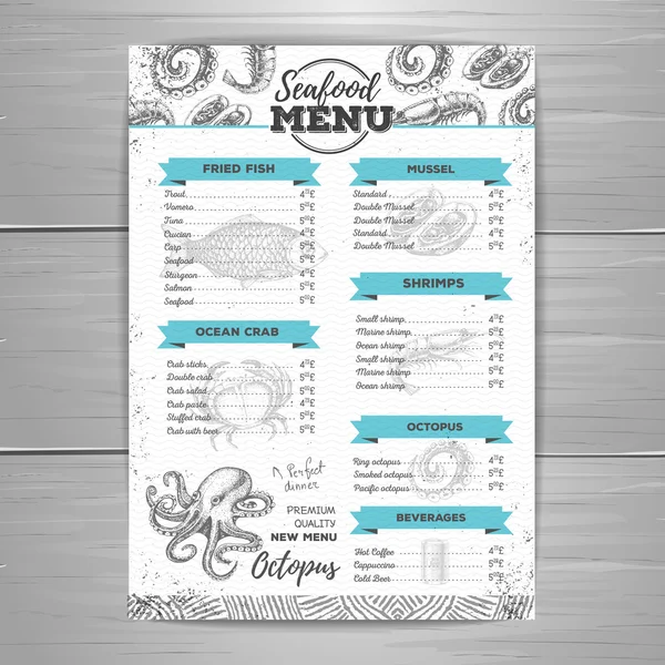 Design de menu de frutos do mar vintage . — Vetor de Stock