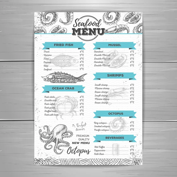 Desain menu seafood vintage . - Stok Vektor