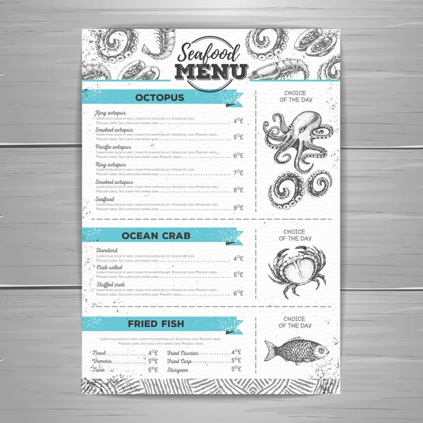 Design de menu de frutos do mar vintage . — Vetor de Stock