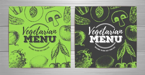 Design de menu végétarien vintage. Fruits frais croquis fond — Image vectorielle
