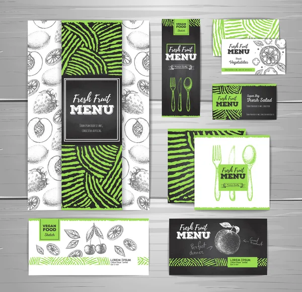 Vegetarian food menu design. Fresh fruit sketch. Corporate identity — Stock Vector