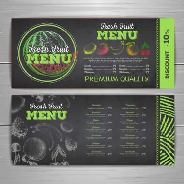 Vintage tebeşir çizim vejetaryen yemek menü tasarımı. Taze meyve kroki