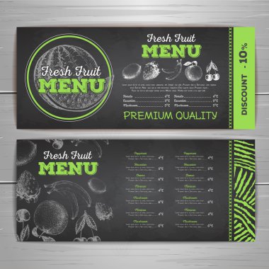 Vintage tebeşir çizim vejetaryen yemek menü tasarımı. Taze meyve kroki