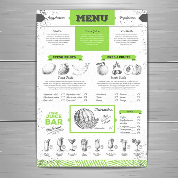 Vintage grunge végétarien menu design. Croquis de fruits frais — Image vectorielle