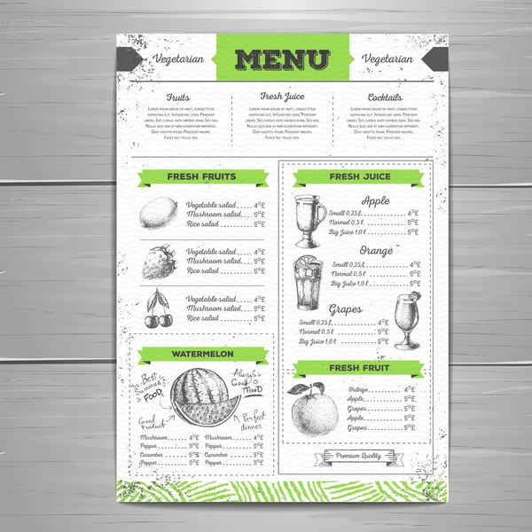 Vintage grunge vegetarian food menu design. Fresh fruit sketch — Stock Vector