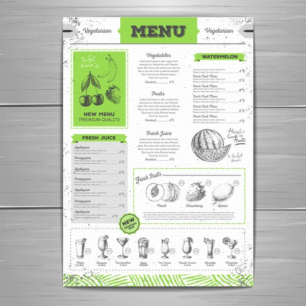 Vintage grunge vegetarian food menu design. Fresh fruit sketch — Stock Vector