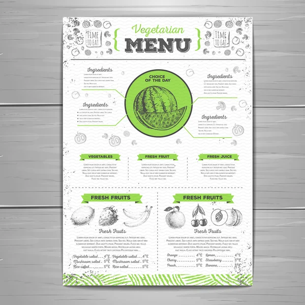 Vintage grunge vegetarian food menu design. Fresh fruit sketch — Stock Vector