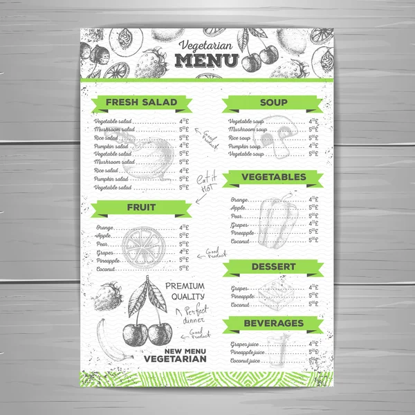 Vintage hipster vegetarian menu design. Fresh fruit sketch — Stock Vector