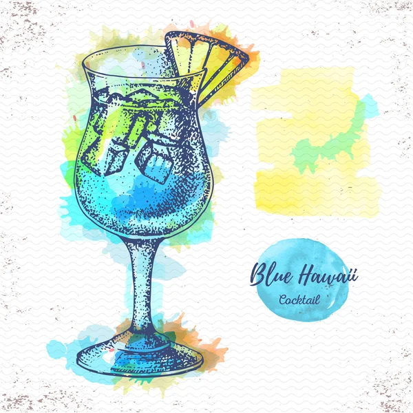 Watercolor cocktail blue hawaii sketch. Cocktail vector illustration — Stock Vector