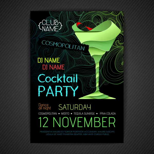 Poster del cocktail party della discoteca. Progettazione cocktail 3D . — Vettoriale Stock