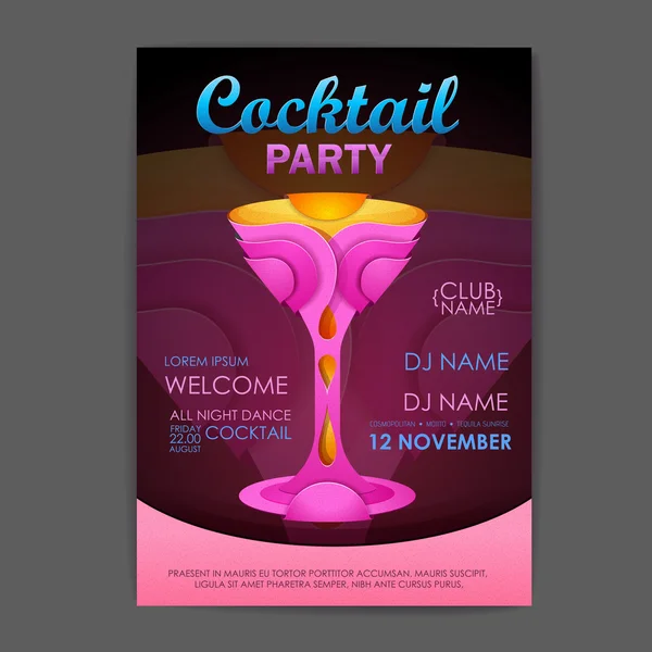 Poster del cocktail party della discoteca. Progettazione cocktail 3D . — Vettoriale Stock