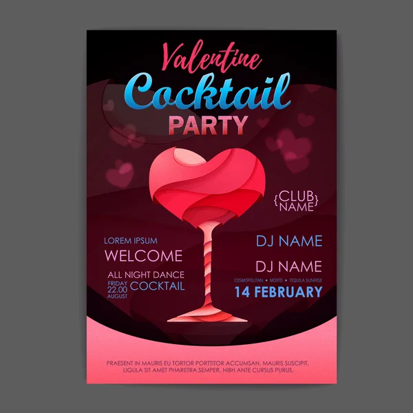 Poster del cocktail party della discoteca. Progettazione cocktail 3D. Buon San Valentino. — Vettoriale Stock