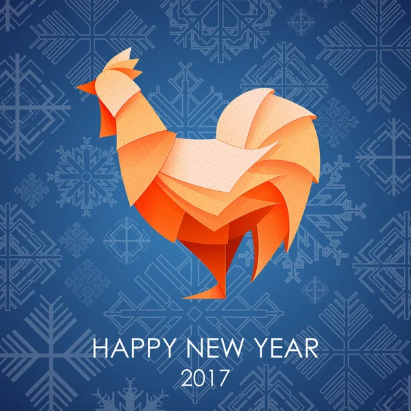 Origami Silhouette of cock or chicken. Happy New Year card 2017 — Stock Vector
