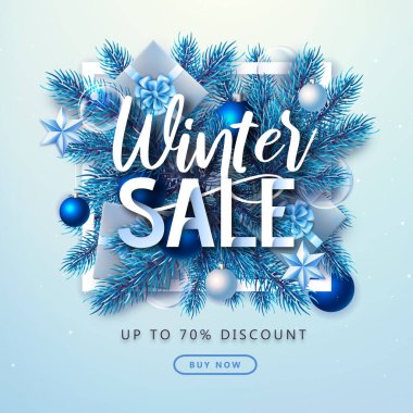 Gümüş köknar ağacı, kar taneleri, çam kozalakları ve hediye kutularıyla Noel tatili. Kış büyük indirim posteri.