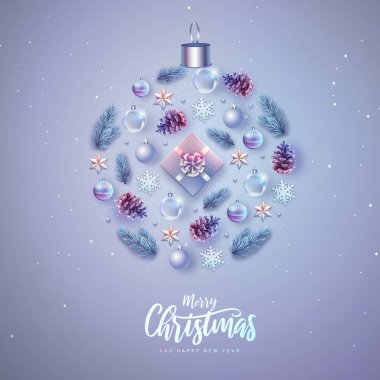 Mutlu Noeller ve mutlu yıllar tebrik kartı. Köknar ağacı, kar taneleri, cam toplar, hediye kutusu ve yıldızlı Noel tatili