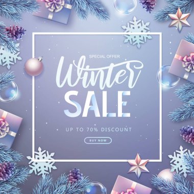 Gümüş köknar ağacı, kar taneleri, ışıklar, çam kozalakları ve hediye kutularıyla Noel tatili. Kış büyük indirim posteri.