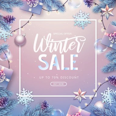 Christmas holiday background with silver fir tree, snowflakes, lights, pine cones and gift boxes. Winter big sale poster. clipart