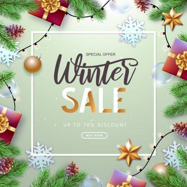 Köknar ağacı, kar taneleri, ışıklar, çam kozalakları ve hediye kutularıyla Noel tatili. Kış büyük indirim posteri.