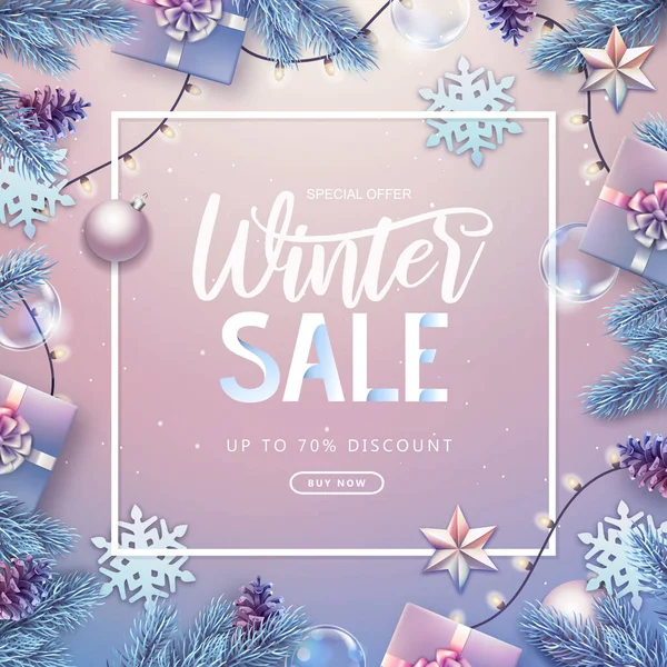 Gümüş köknar ağacı, kar taneleri, ışıklar, çam kozalakları ve hediye kutularıyla Noel tatili. Kış büyük indirim posteri.