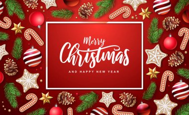 Mutlu Noeller ve mutlu yıllar tebrik kartı. Köknar ağacı, kar taneleri, cam toplar, çam kozalakları ve yıldızlarla Noel tatili
