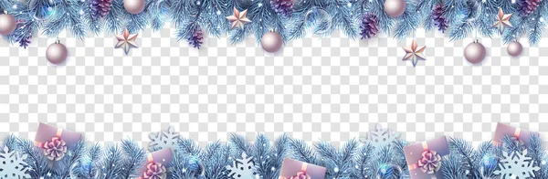 メリークリスマスとハッピーニューイヤーのグリーティングカード クリスマス休暇モミの木 雪の結晶 ガラス玉 松のコーンと透明な背景の星 — ストックベクタ