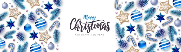 メリークリスマスとハッピーニューイヤーのグリーティングカード モミの木 雪の結晶 ガラス玉 松のコーンと星とクリスマス休暇の背景 — ストックベクタ