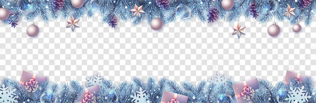 Merry Christmas and Happy New Year greeting card. Christmas holiday fir tree, snowflakes, glass balls, pine cones and star on transparent background