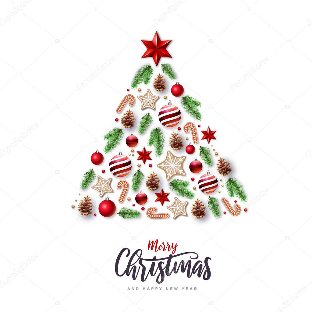 Merry Christmas and Happy New Year greeting card. Christmas holiday background with fir tree, snowflakes, glass balls, pine cones and stars