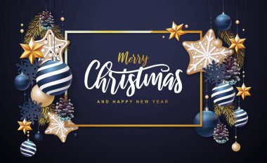 Mutlu Noeller ve mutlu yıllar tebrik kartı. Köknar ağacı, kar taneleri, cam toplar, çam kozalakları ve yıldızlarla Noel tatili