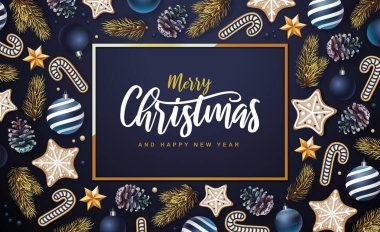Mutlu Noeller ve mutlu yıllar tebrik kartı. Köknar ağacı, kar taneleri, cam toplar, çam kozalakları ve yıldızlarla Noel tatili