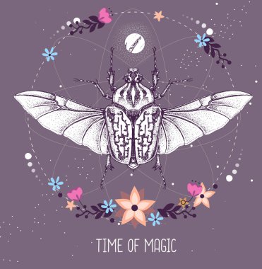 Astroloji arka planında Goliath Beetle olan modern büyü büyüsü taros kartı. Vektör illüstrasyonu