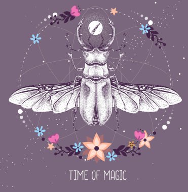 Astroloji arka planında geyik böceği olan modern büyücü taros kartı. Vektör illüstrasyonu