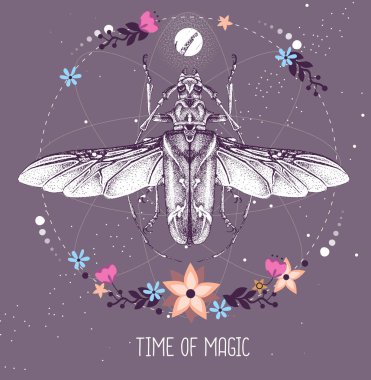 Astroloji arka planında Longhorn böceği olan modern büyü büyüsü taros kartı. Vektör illüstrasyonu