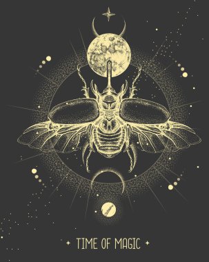 İçinde ay ve gergedan böceği olan modern büyü kartı. El çizimi okült vektör çizimi
